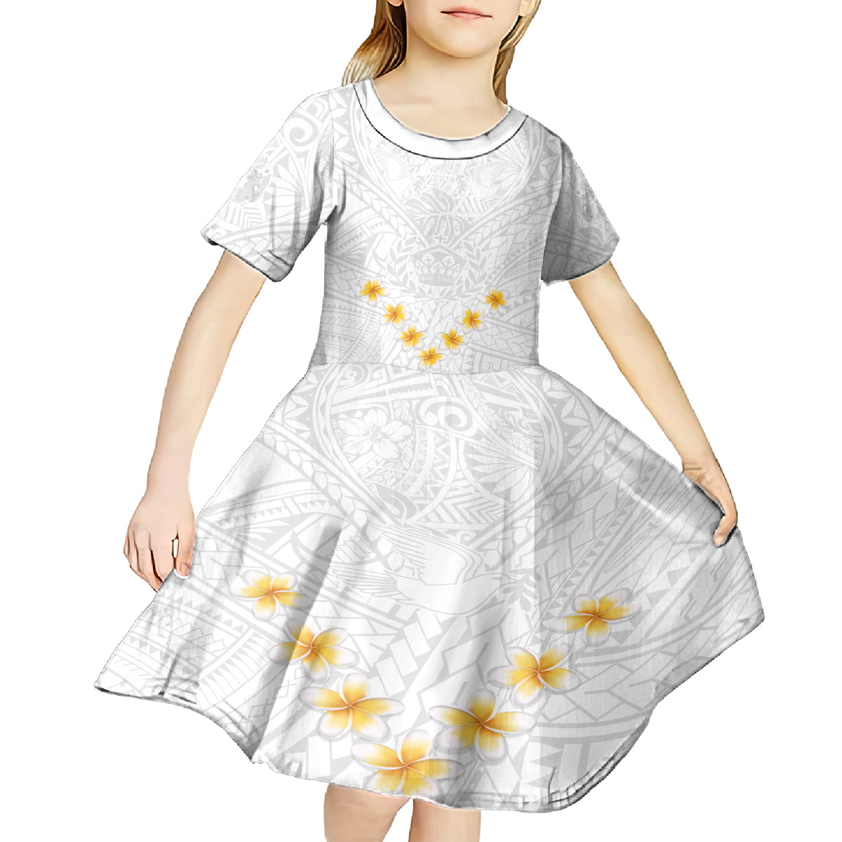 Tonga White Sunday Kid Short Sleeve Dress Polynesian Plumeria Tribal Simple LT9 - Polynesian Pride