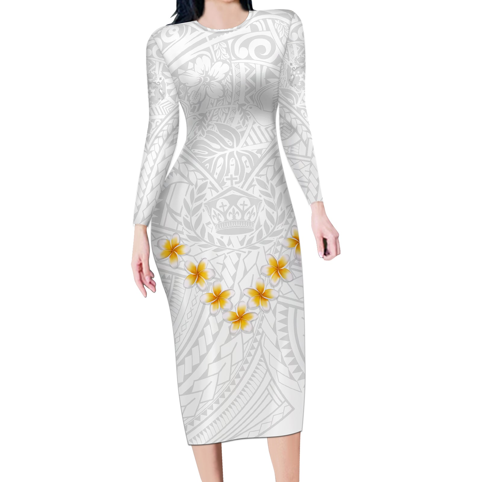 Tonga White Sunday Long Sleeve Bodycon Dress Polynesian Plumeria Tribal Simple LT9 Long Dress White - Polynesian Pride