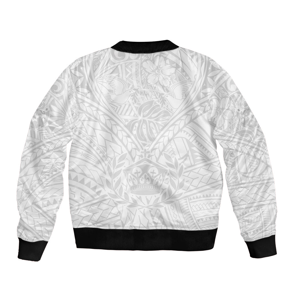 Tonga White Sunday Sleeve Zip Bomber Jacket Polynesian Plumeria Tribal Simple LT9 - Polynesian Pride