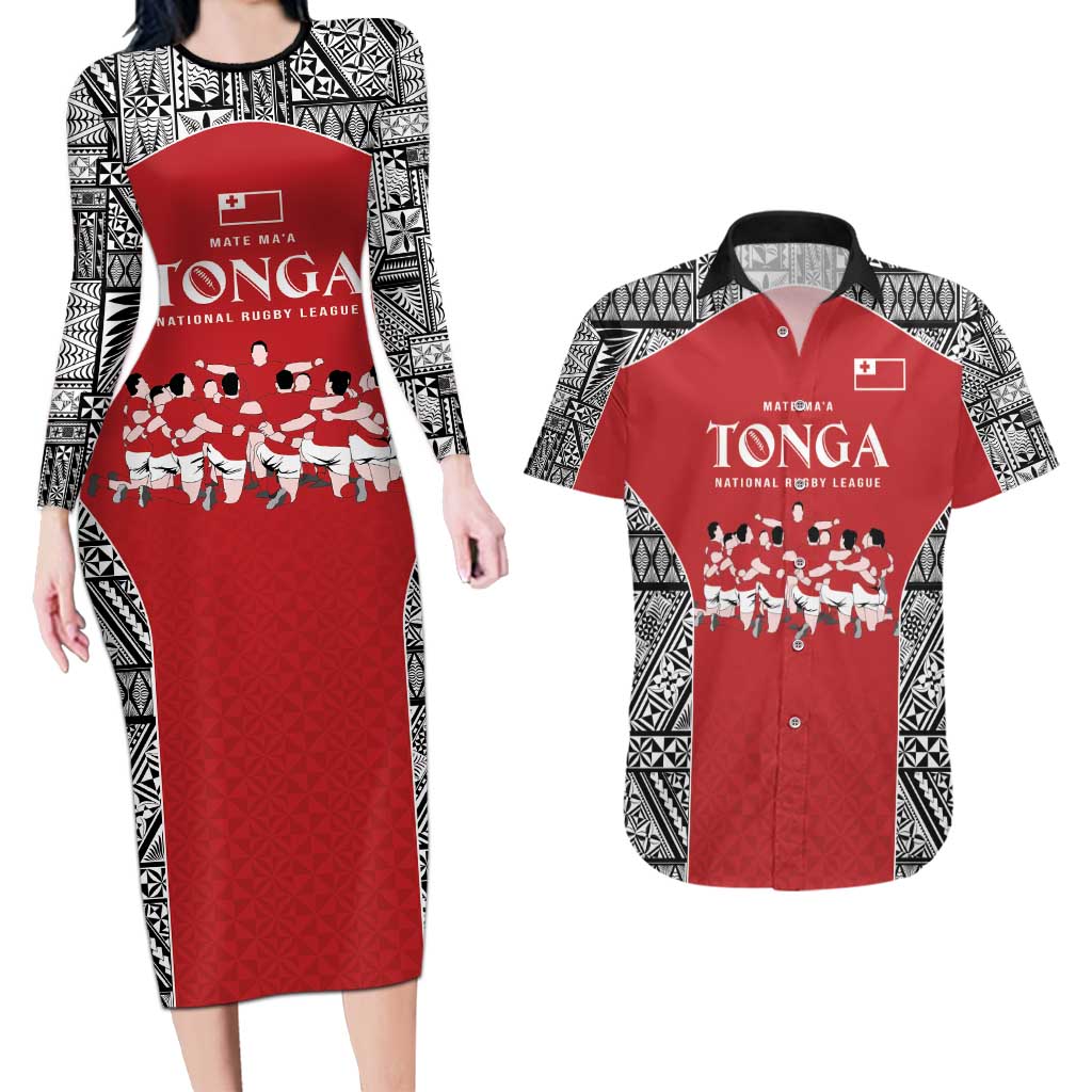 Custom Tonga Rugby Mate Ma'a Couples Matching Long Sleeve Bodycon Dress and Hawaiian Shirt Tonga XIII Make History Pacific Champions