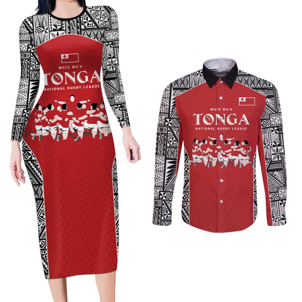 Custom Tonga Rugby Mate Ma'a Couples Matching Long Sleeve Bodycon Dress and Long Sleeve Button Shirt Tonga XIII Make History Pacific Champions LT9 Red - Polynesian Pride