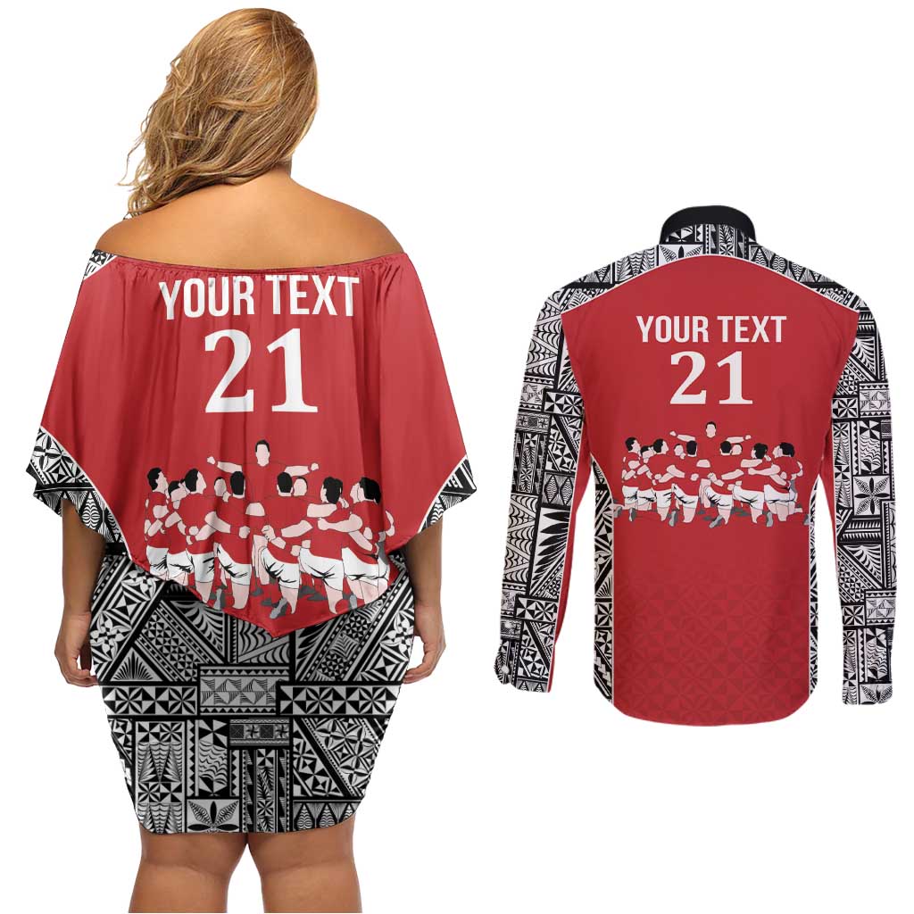 Custom Tonga Rugby Mate Ma'a Couples Matching Off Shoulder Short Dress and Long Sleeve Button Shirt Tonga XIII Make History Pacific Champions