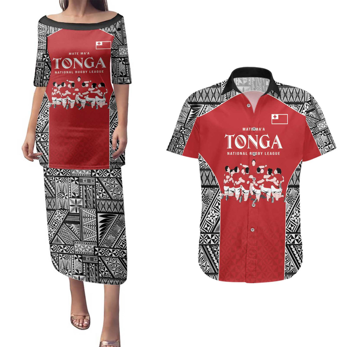 Custom Tonga Rugby Mate Ma'a Couples Matching Puletasi and Hawaiian Shirt Tonga XIII Make History Pacific Champions LT9 Red - Polynesian Pride