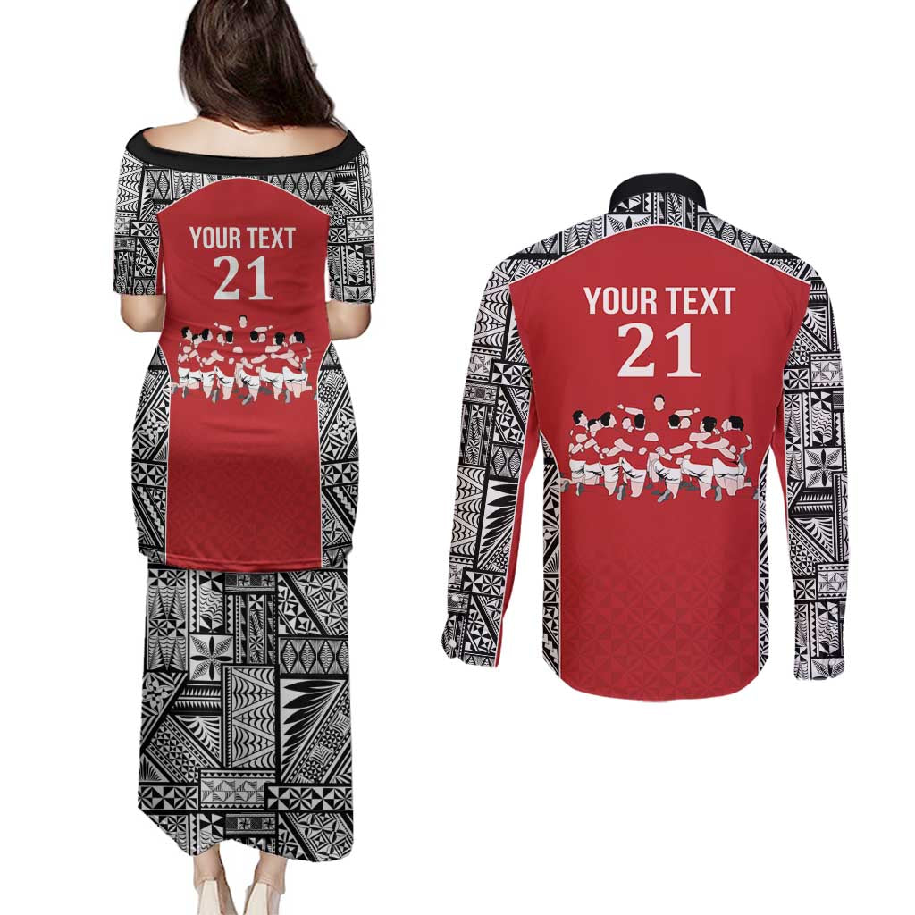 Custom Tonga Rugby Mate Ma'a Couples Matching Puletasi and Long Sleeve Button Shirt Tonga XIII Make History Pacific Champions LT9 - Polynesian Pride