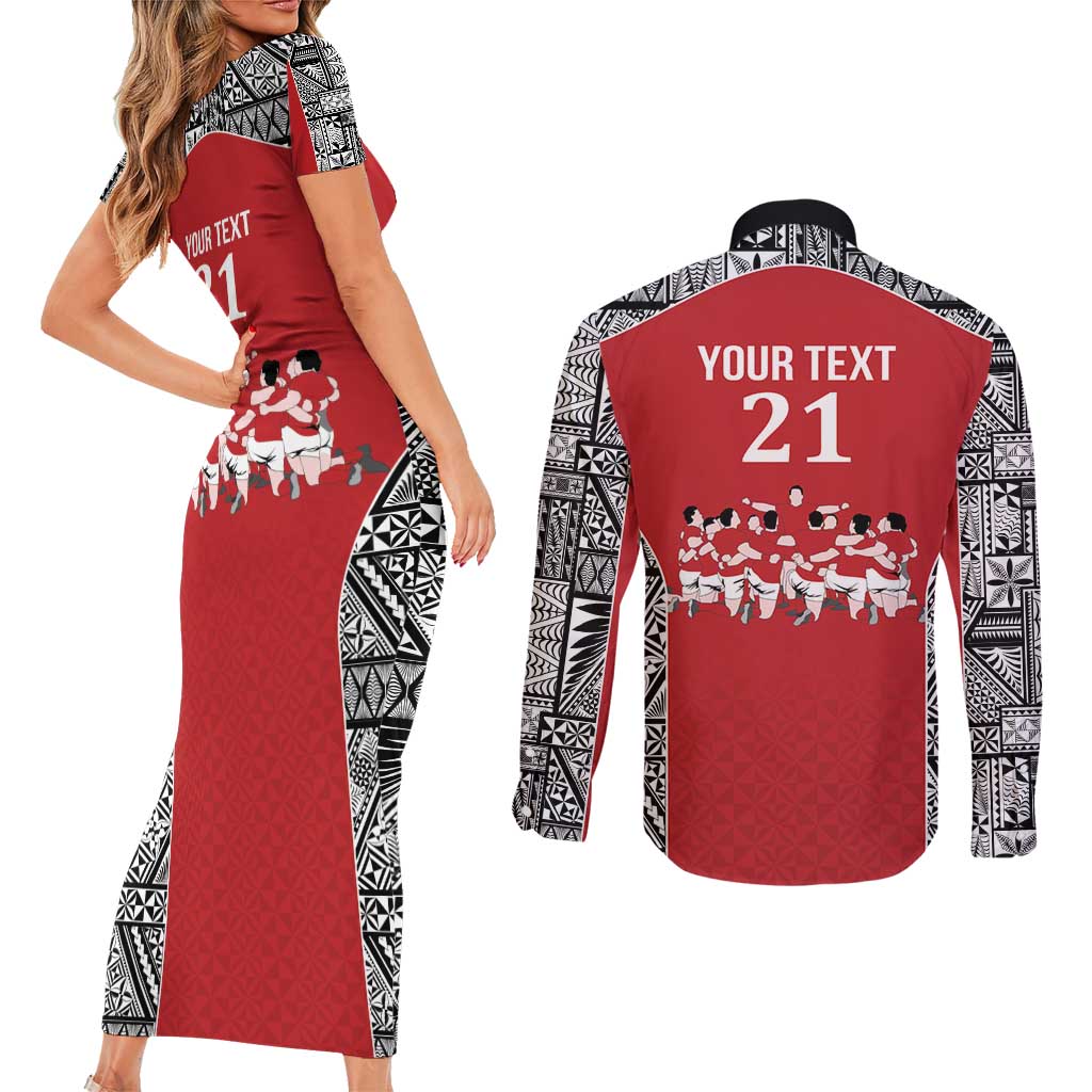 Custom Tonga Rugby Mate Ma'a Couples Matching Short Sleeve Bodycon Dress and Long Sleeve Button Shirt Tonga XIII Make History Pacific Champions LT9 - Polynesian Pride