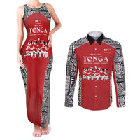 Custom Tonga Rugby Mate Ma'a Couples Matching Tank Maxi Dress and Long Sleeve Button Shirt Tonga XIII Make History Pacific Champions LT9 Red - Polynesian Pride