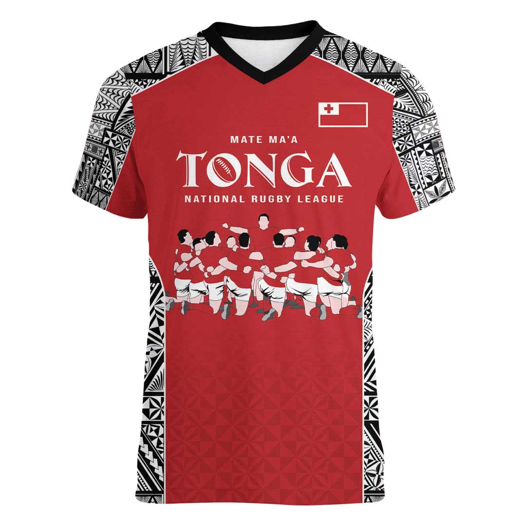 Custom Tonga Rugby Mate Ma'a Women V-Neck T-Shirt Tonga XIII Make History Pacific Champions