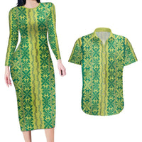 Hawaii Lei with Tribal Quilt Motif Couples Matching Long Sleeve Bodycon Dress and Hawaiian Shirt