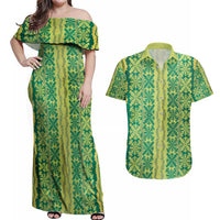 Hawaii Lei with Tribal Quilt Motif Couples Matching Off Shoulder Maxi Dress and Hawaiian Shirt