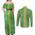 Hawaii Lei with Tribal Quilt Motif Couples Matching Off Shoulder Maxi Dress and Long Sleeve Button Shirt