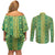 Hawaii Lei with Tribal Quilt Motif Couples Matching Off Shoulder Short Dress and Long Sleeve Button Shirt