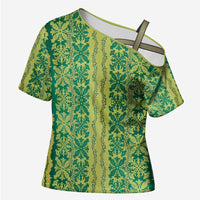 Hawaii Lei with Tribal Quilt Motif Cross Shoulder Shirt LT9 Female Green - Polynesian Pride