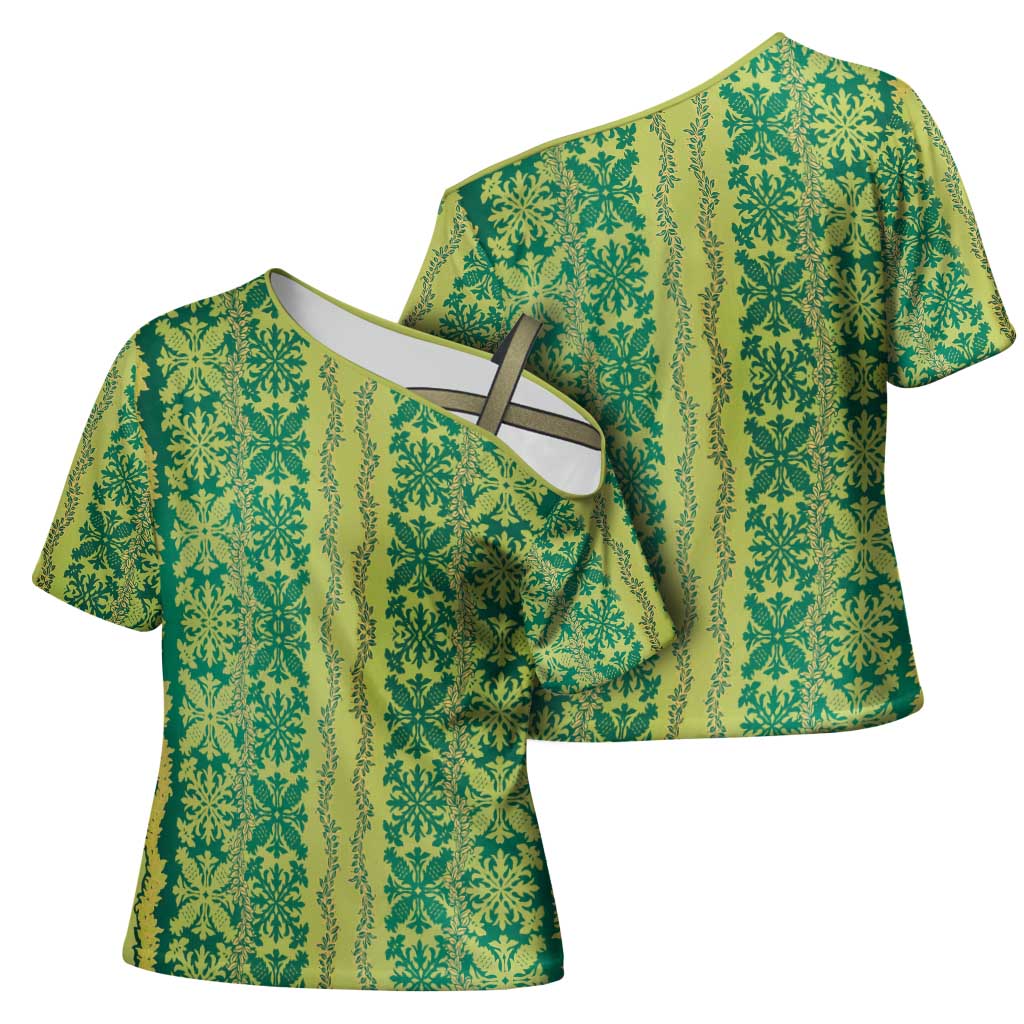 Hawaii Lei with Tribal Quilt Motif Cross Shoulder Shirt LT9 - Polynesian Pride