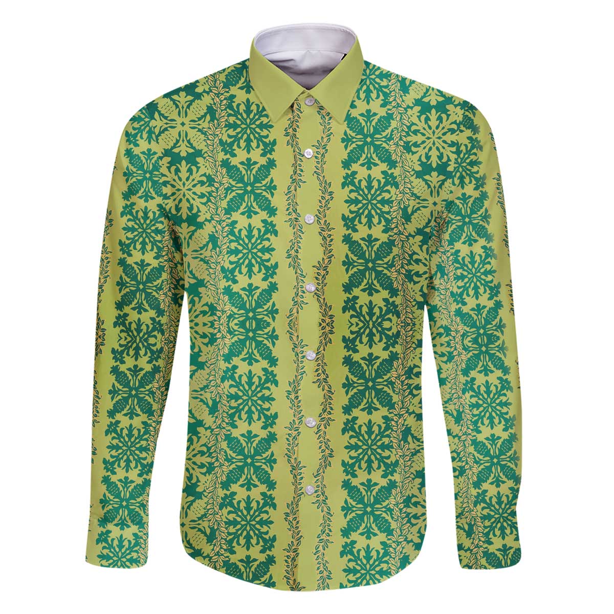 Hawaii Lei with Tribal Quilt Motif Family Matching Off The Shoulder Long Sleeve Dress and Hawaiian Shirt