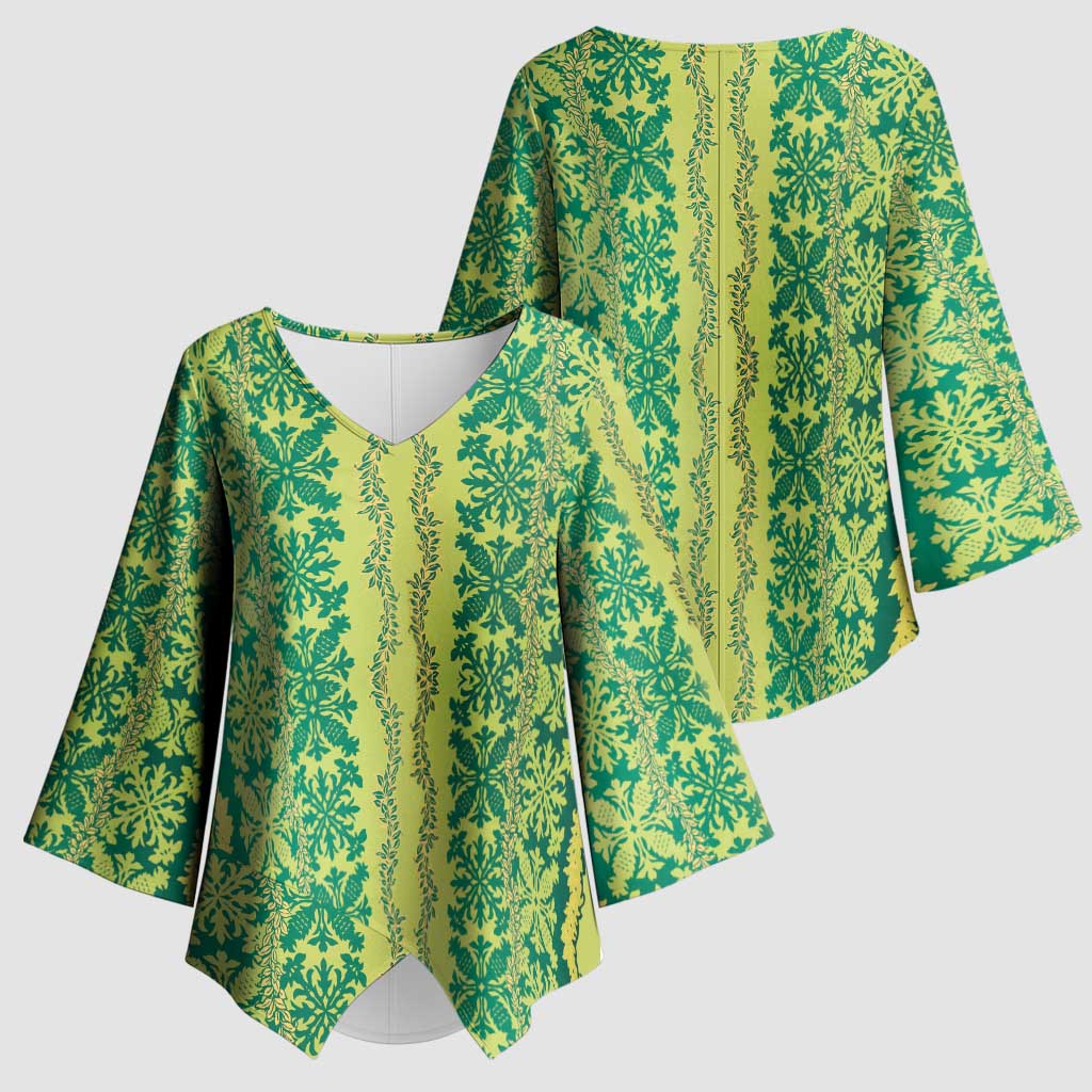 Hawaii Lei with Tribal Quilt Motif Kimono Sleeve Blouse - Polynesian Pride