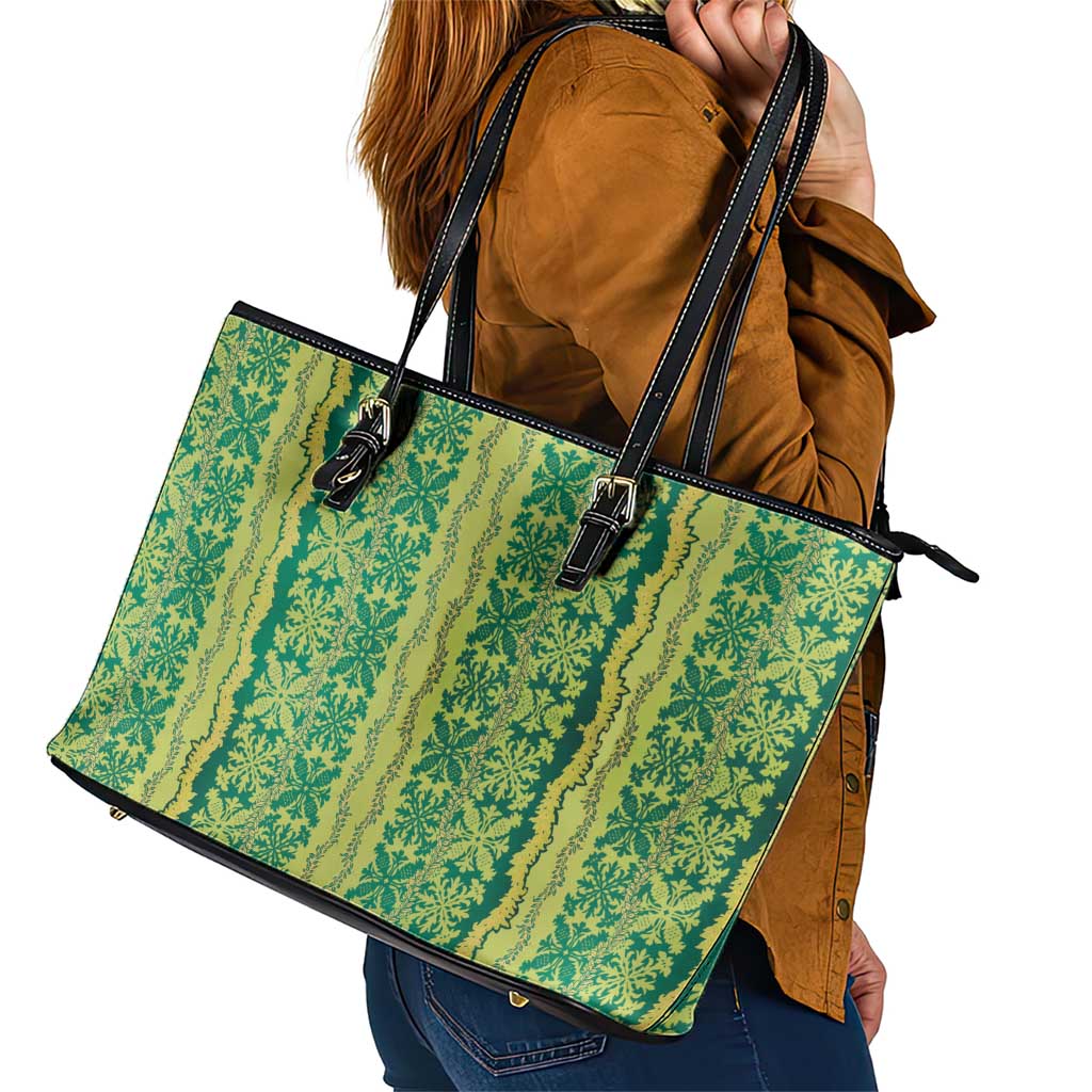 Hawaii Lei with Tribal Quilt Motif Leather Tote Bag