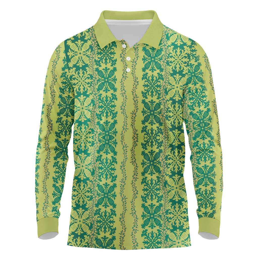 Hawaii Lei with Tribal Quilt Motif Long Sleeve Polo Shirt