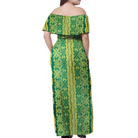 Hawaii Lei with Tribal Quilt Motif Off Shoulder Maxi Dress