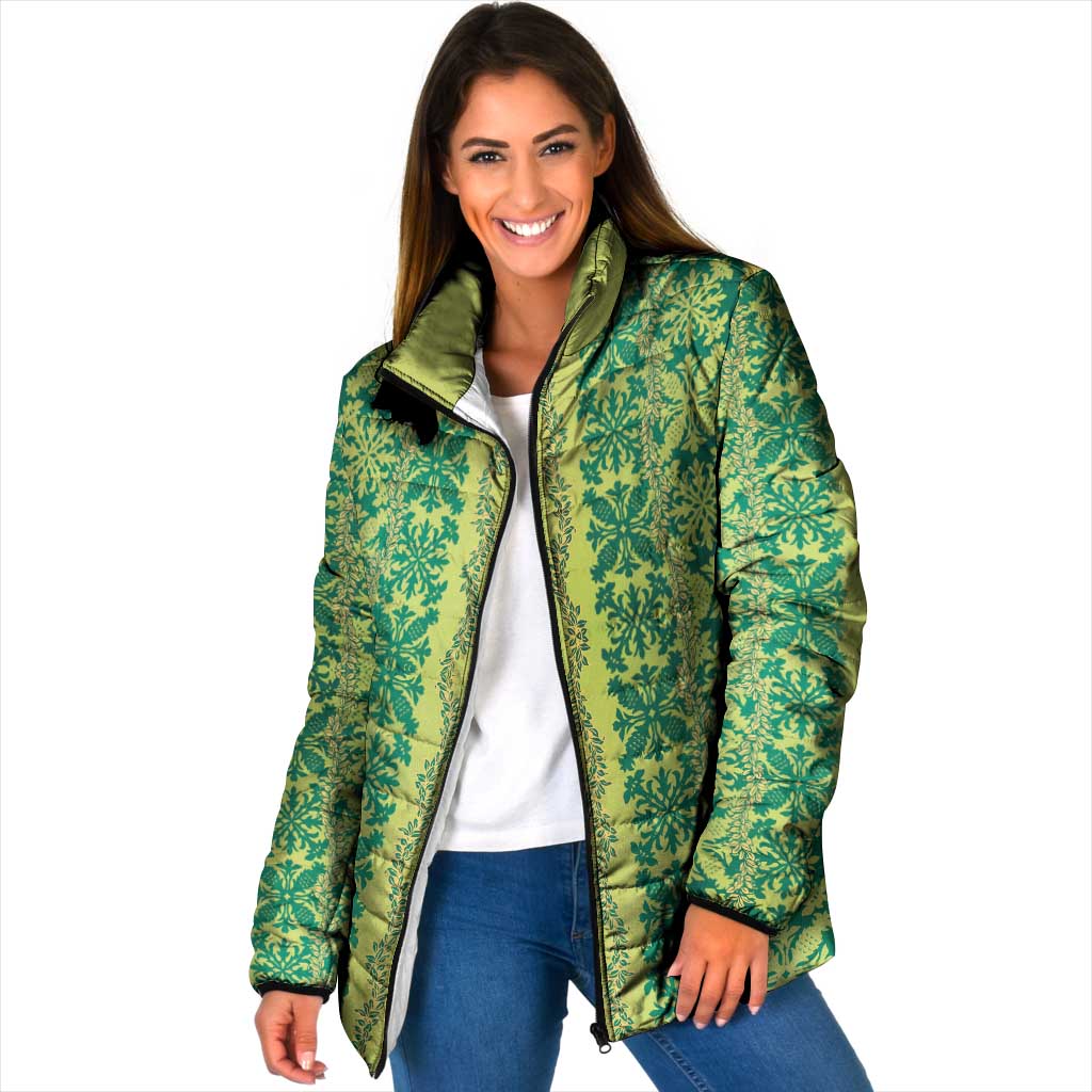 Hawaii Lei with Tribal Quilt Motif Padded Jacket LT9 Women Green - Polynesian Pride