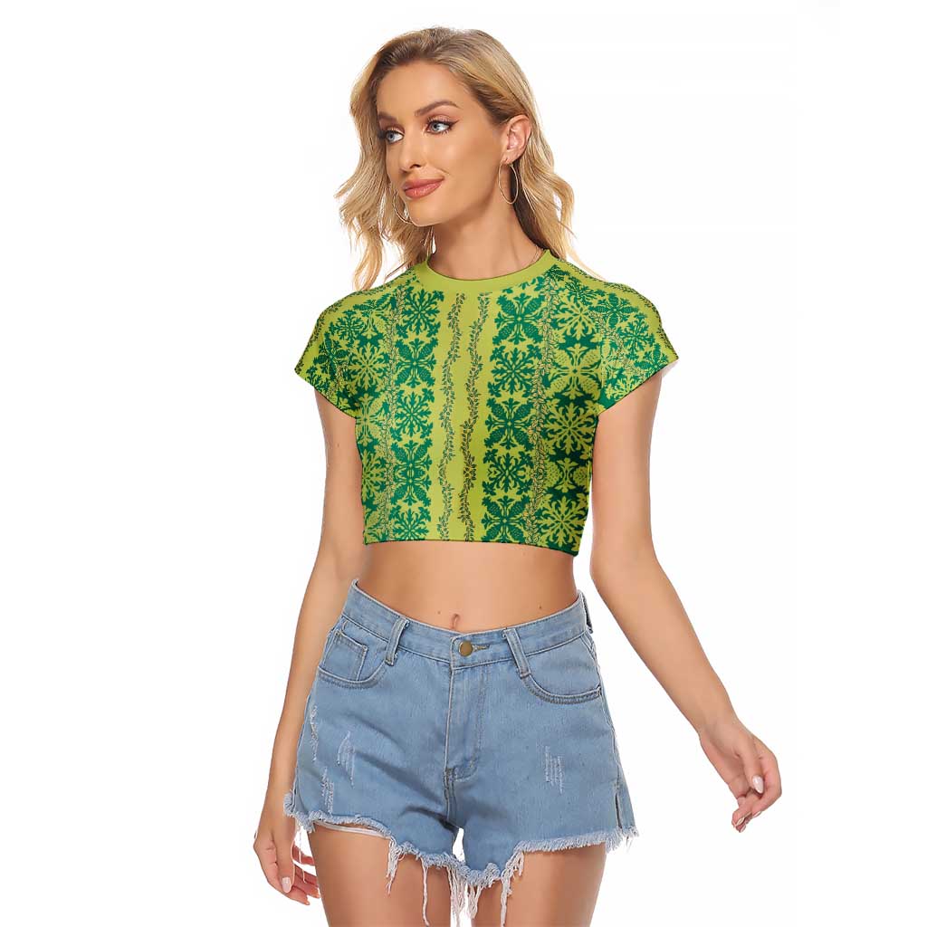 Hawaii Lei with Tribal Quilt Motif Raglan Cropped T Shirt