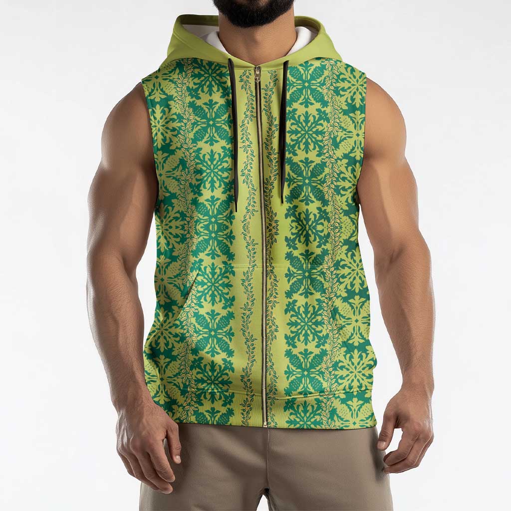 Hawaii Lei with Tribal Quilt Motif Sleeveless Zip Hoodie - Polynesian Pride