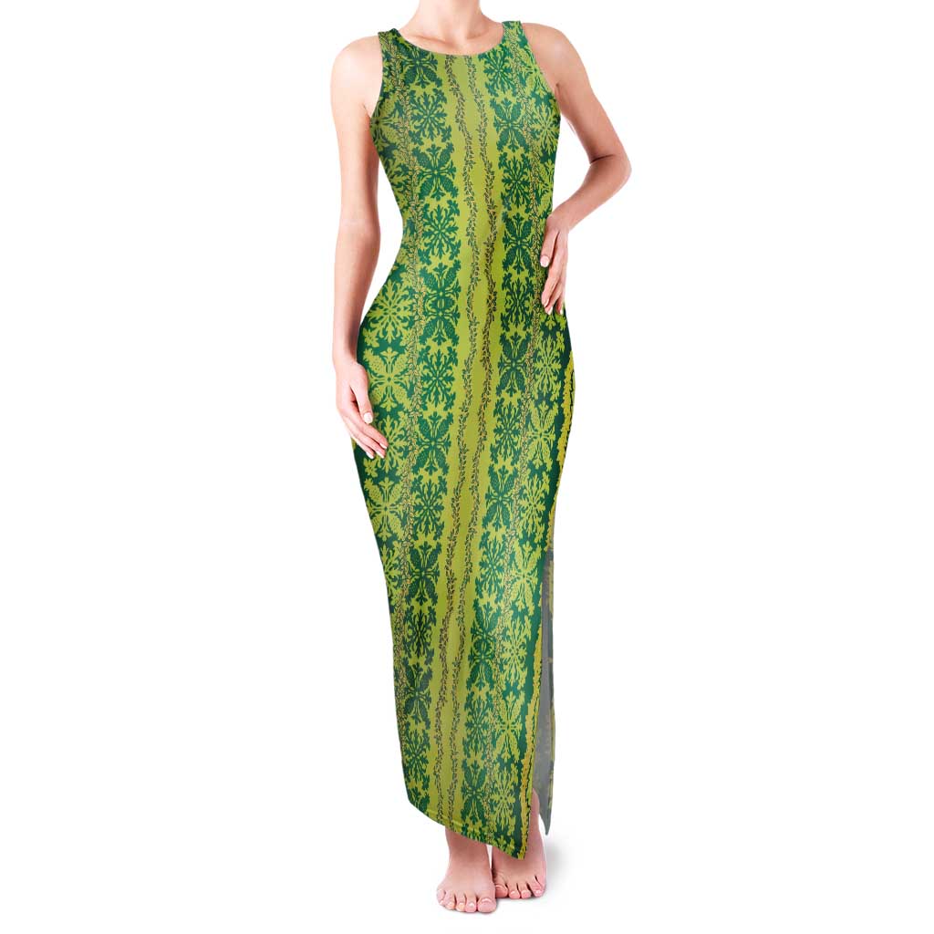 Hawaii Lei with Tribal Quilt Motif Tank Maxi Dress