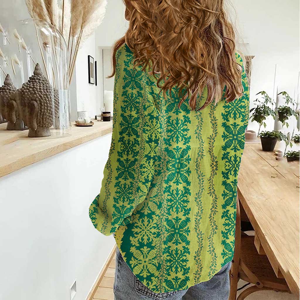 Hawaii Lei with Tribal Quilt Motif Women Casual Shirt