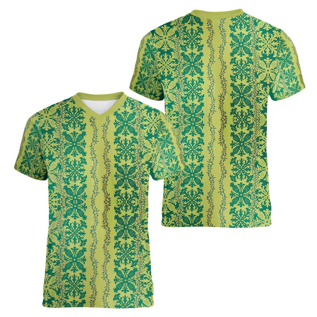 Hawaii Lei with Tribal Quilt Motif Women V-Neck T-Shirt