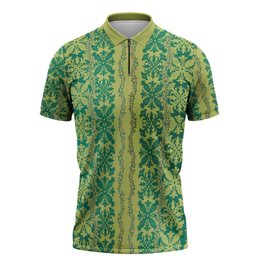 Hawaii Lei with Tribal Quilt Motif Zipper Polo Shirt - Polynesian Pride