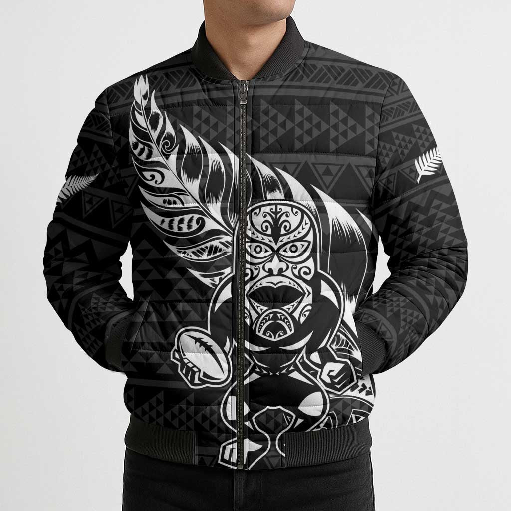 New Zealand Rugby Warrior Custom Bomber Puffer Jacket Black Fern Taniko Motif - Polynesian Pride