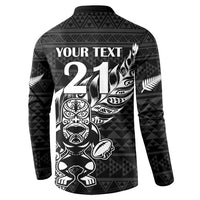 New Zealand Rugby Warrior Custom Button Sweatshirt Black Fern Taniko Motif