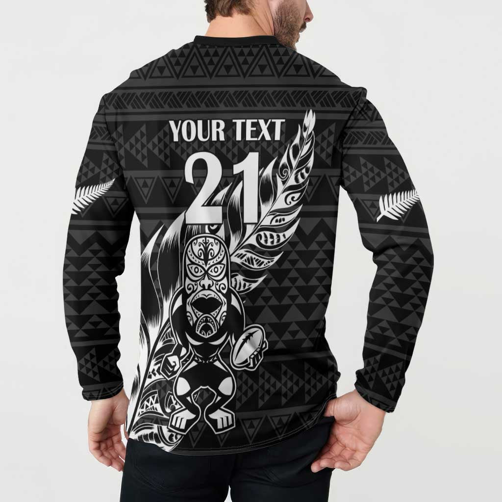 New Zealand Rugby Warrior Custom Button Sweatshirt Black Fern Taniko Motif
