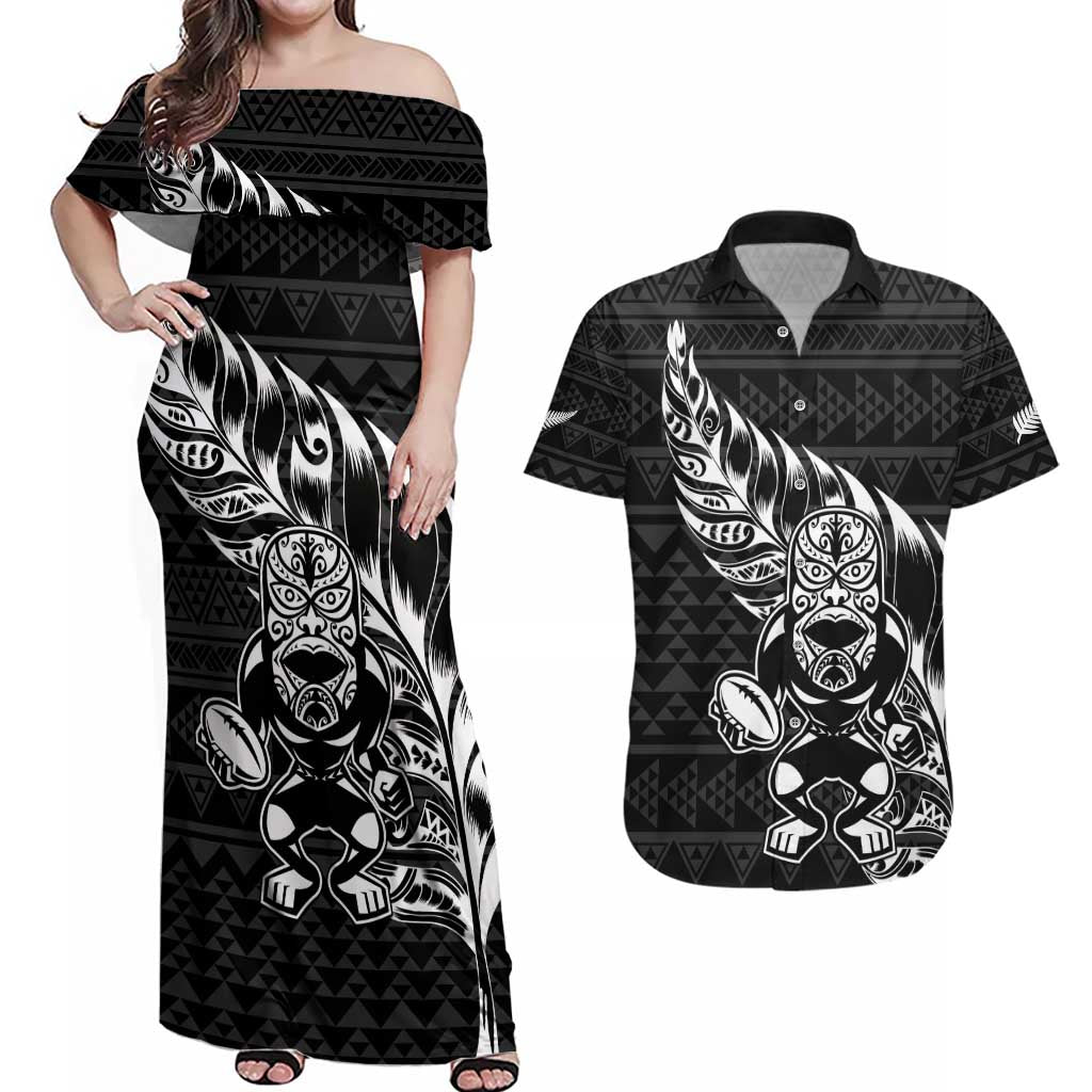 New Zealand Rugby Warrior Custom Couples Matching Off Shoulder Maxi Dress and Hawaiian Shirt Black Fern Taniko Motif
