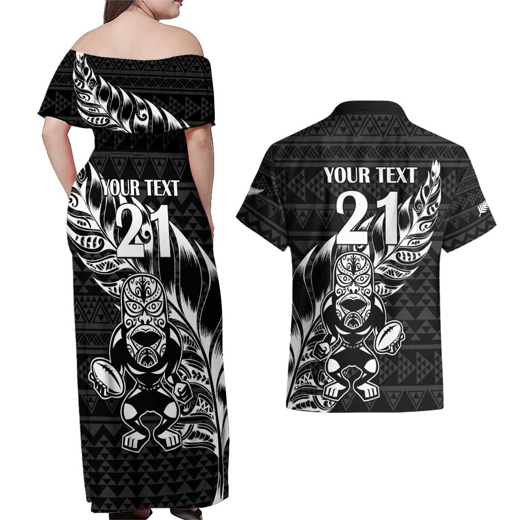 New Zealand Rugby Warrior Custom Couples Matching Off Shoulder Maxi Dress and Hawaiian Shirt Black Fern Taniko Motif