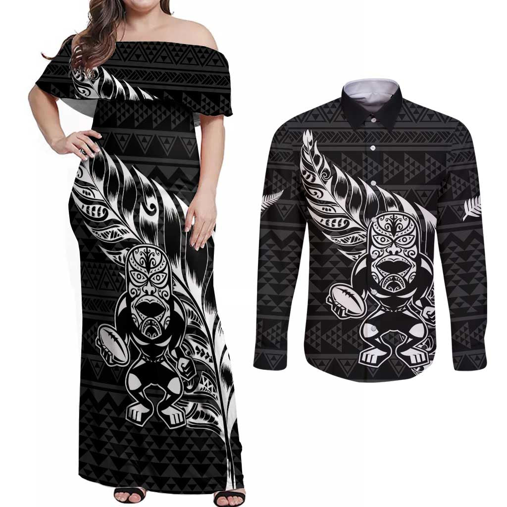 New Zealand Rugby Warrior Custom Couples Matching Off Shoulder Maxi Dress and Long Sleeve Button Shirt Black Fern Taniko Motif