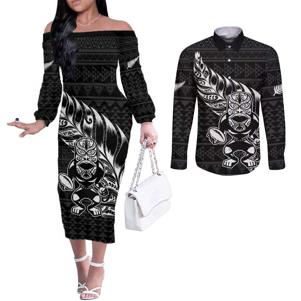 New Zealand Rugby Warrior Custom Couples Matching Off The Shoulder Long Sleeve Dress and Long Sleeve Button Shirt Black Fern Taniko Motif