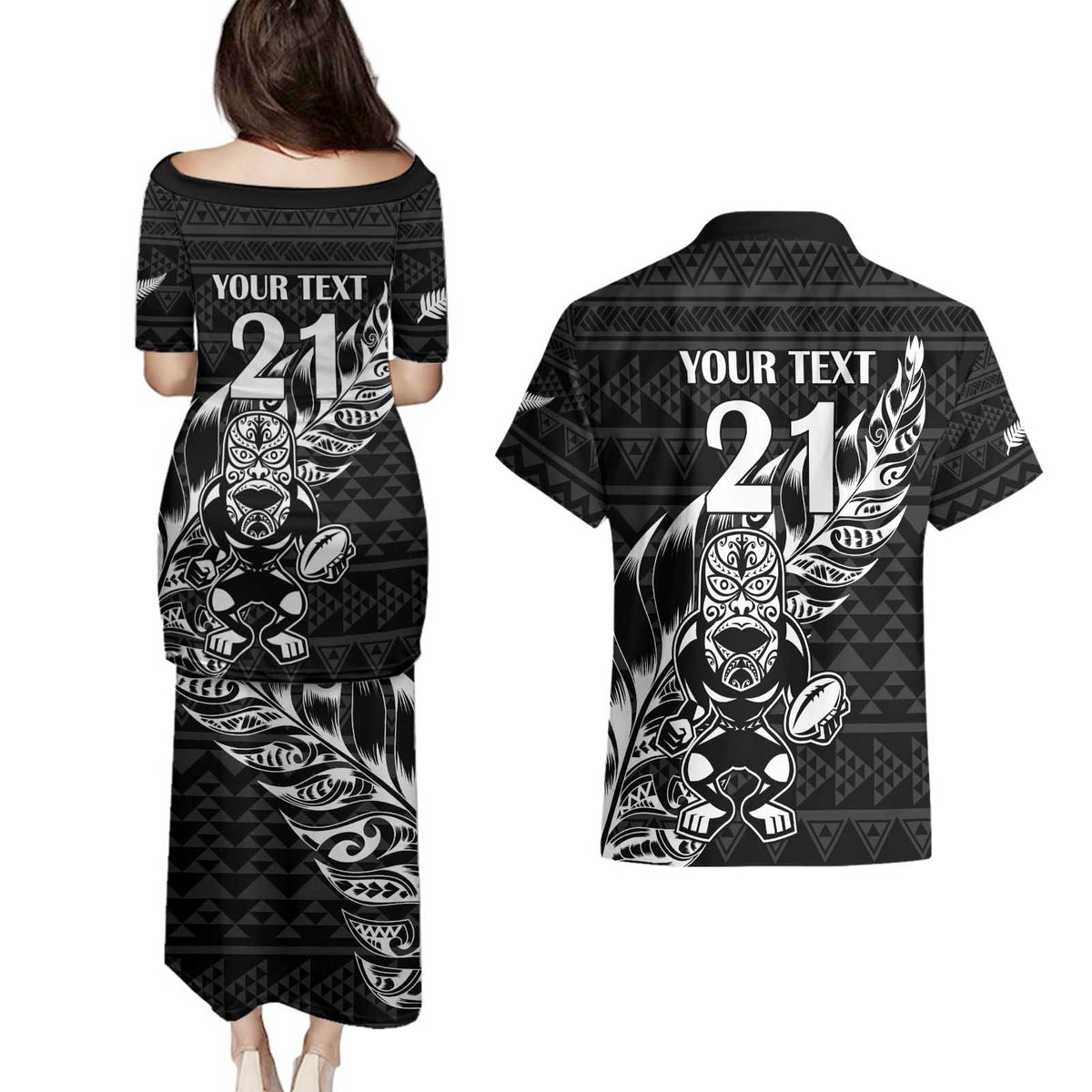 New Zealand Rugby Warrior Custom Couples Matching Puletasi and Hawaiian Shirt Black Fern Taniko Motif