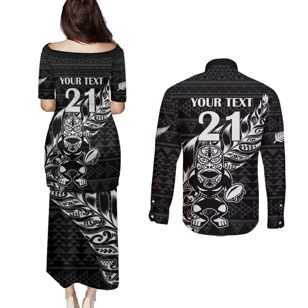 New Zealand Rugby Warrior Custom Couples Matching Puletasi and Long Sleeve Button Shirt Black Fern Taniko Motif