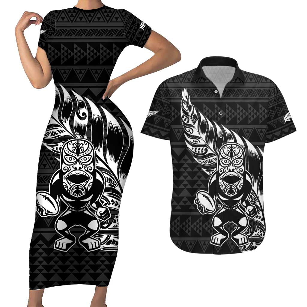 New Zealand Rugby Warrior Custom Couples Matching Short Sleeve Bodycon Dress and Hawaiian Shirt Black Fern Taniko Motif