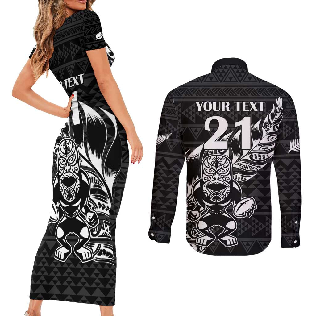 New Zealand Rugby Warrior Custom Couples Matching Short Sleeve Bodycon Dress and Long Sleeve Button Shirt Black Fern Taniko Motif