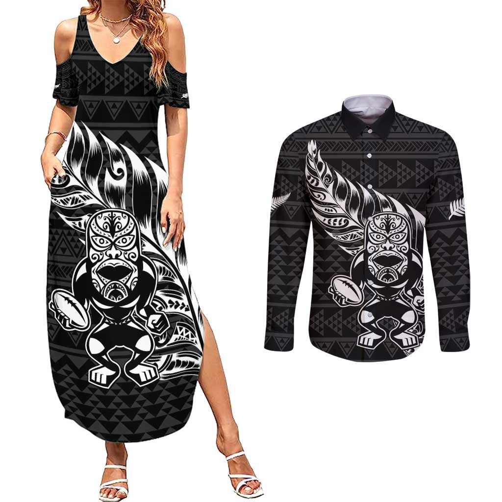 New Zealand Rugby Warrior Custom Couples Matching Summer Maxi Dress and Long Sleeve Button Shirt Black Fern Taniko Motif