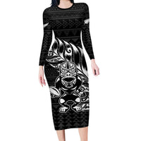 New Zealand Rugby Warrior Custom Family Matching Long Sleeve Bodycon Dress and Hawaiian Shirt Black Fern Taniko Motif