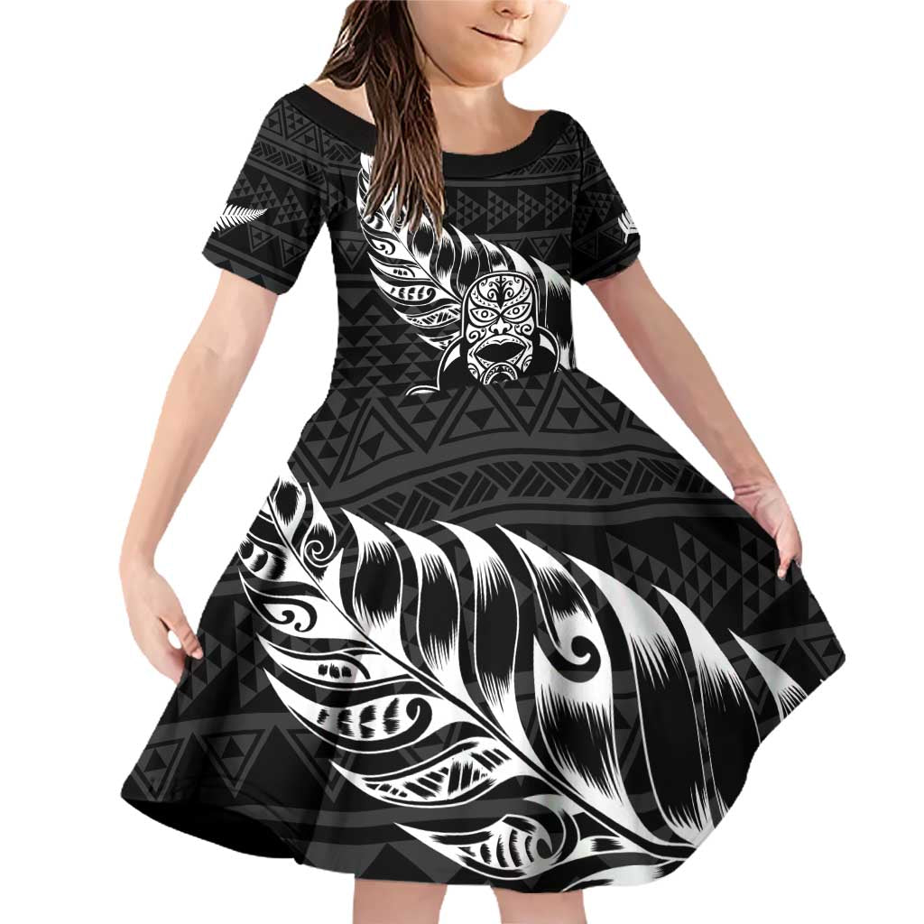 New Zealand Rugby Warrior Custom Family Matching Off Shoulder Short Dress and Hawaiian Shirt Black Fern Taniko Motif