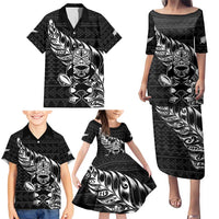 New Zealand Rugby Warrior Custom Family Matching Puletasi and Hawaiian Shirt Black Fern Taniko Motif