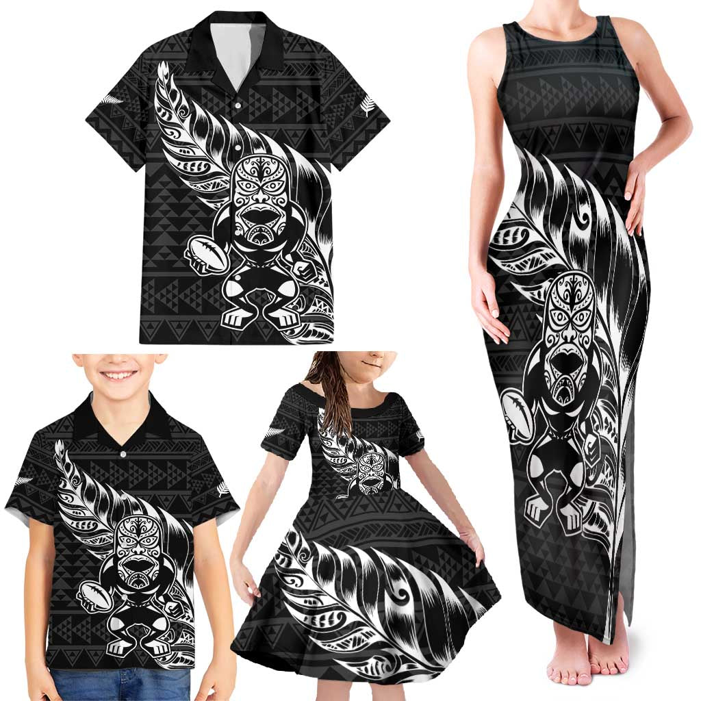 New Zealand Rugby Warrior Custom Family Matching Tank Maxi Dress and Hawaiian Shirt Black Fern Taniko Motif