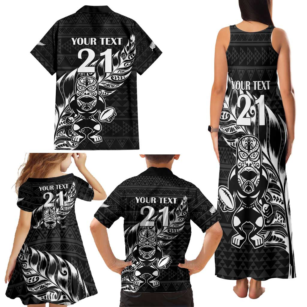 New Zealand Rugby Warrior Custom Family Matching Tank Maxi Dress and Hawaiian Shirt Black Fern Taniko Motif