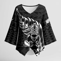 New Zealand Rugby Warrior Custom Kimono Sleeve Blouse Black Fern Taniko Motif - Polynesian Pride