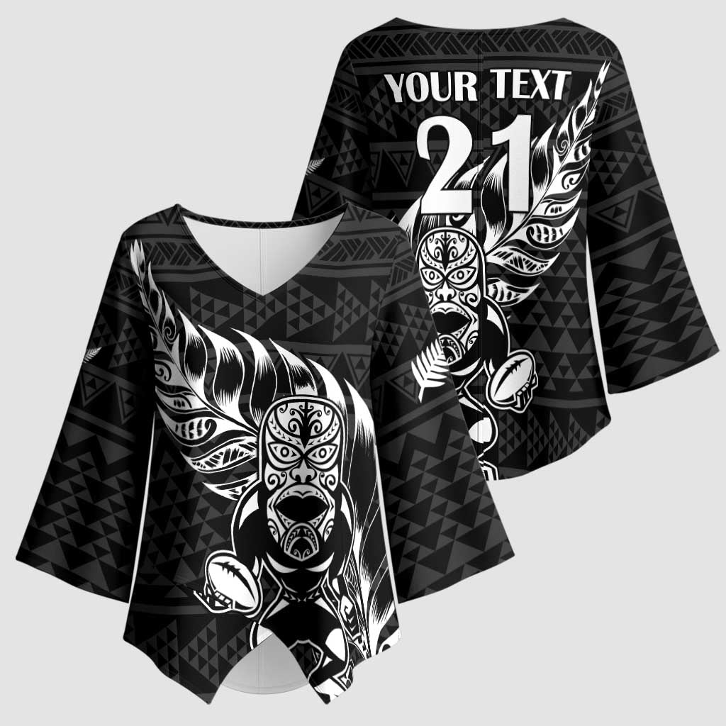 New Zealand Rugby Warrior Custom Kimono Sleeve Blouse Black Fern Taniko Motif - Polynesian Pride