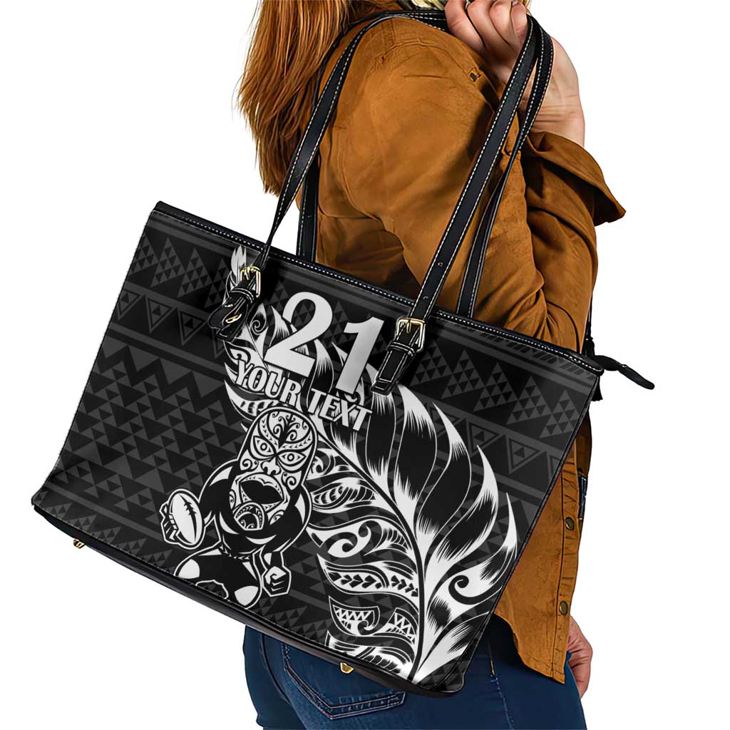 New Zealand Rugby Warrior Custom Leather Tote Bag Black Fern Taniko Motif