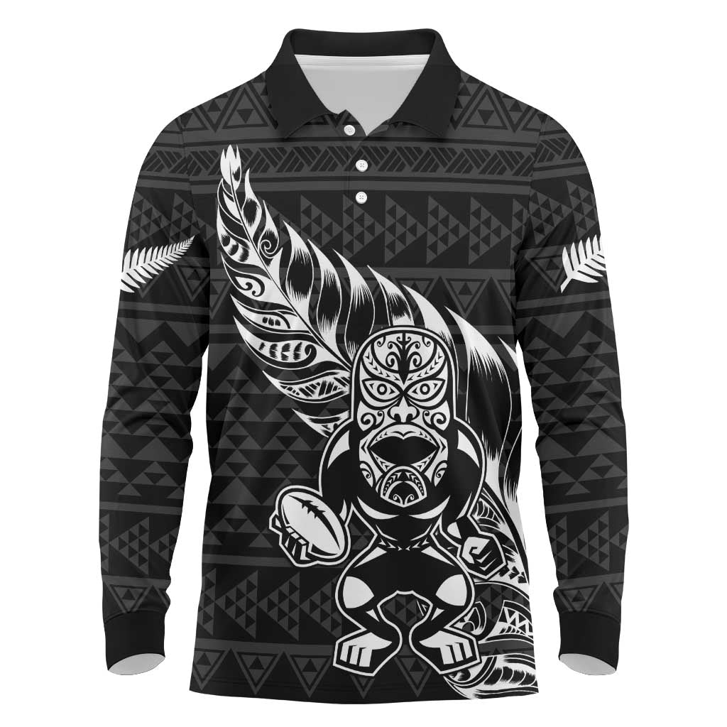 New Zealand Rugby Warrior Custom Long Sleeve Polo Shirt Black Fern Taniko Motif